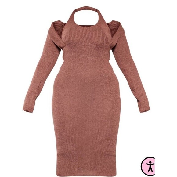 PrettyLittleThing Halter Neck Knitted Sweater Dress Women's Size ~22 Chocolate - Picture 3 of 16